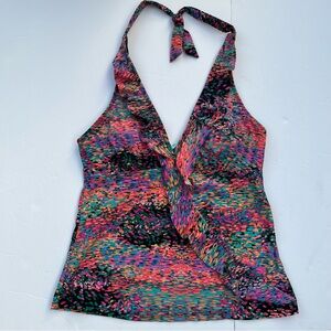Assets by Sara Blakely Spanx Bright Multicolor Halter Tie Neck Swim Tankini Top